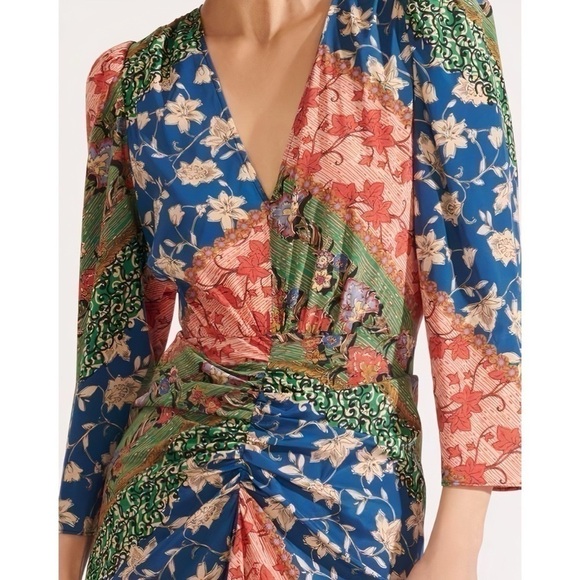 NWOT Veronica Beard Midi Silk-Blend Ruched Floral Mary Long-Sleeve Dress - Picture 4 of 8
